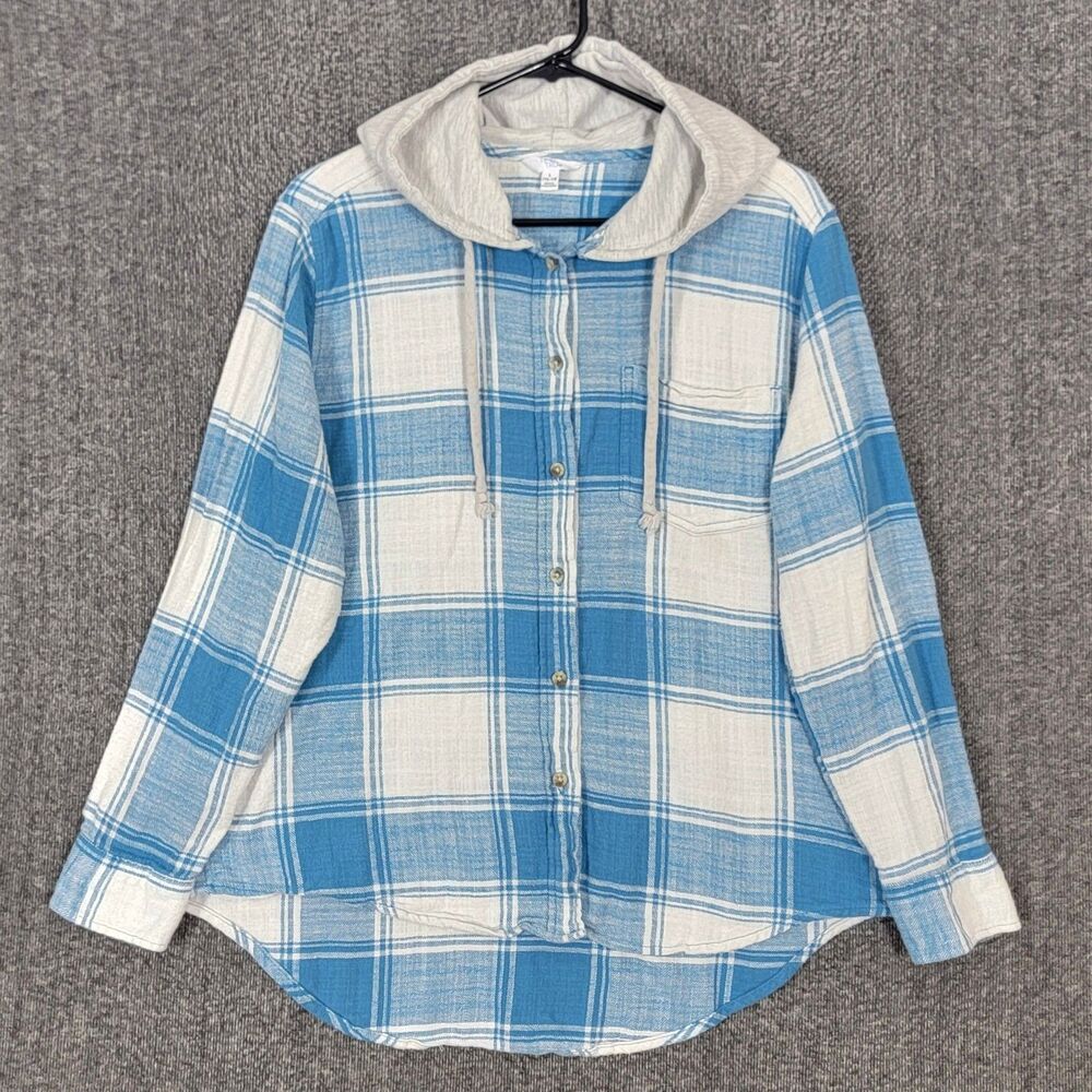 Time and Tru Hooded Shirt Womens L 12 - 14 Blue White Plaid Flannel Button Up